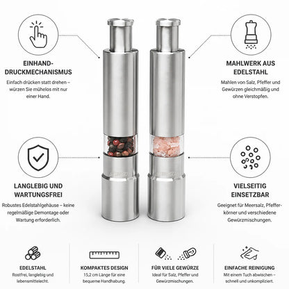 Single-Hand Stainless Steel Salt and Pepper Mill (2-Pack)