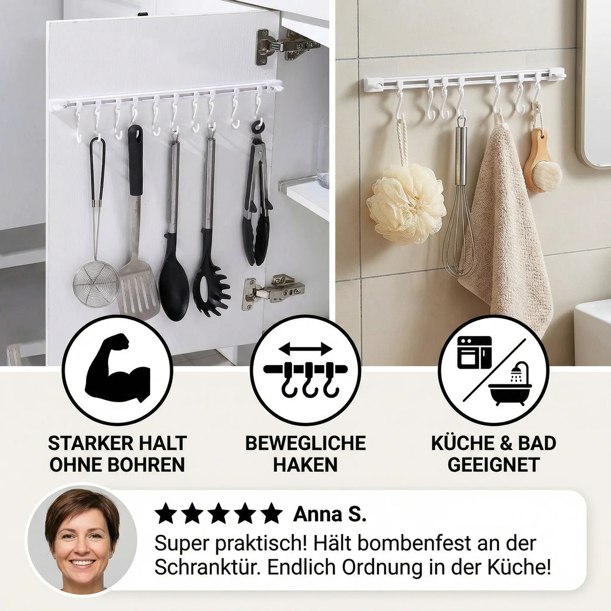 Self-adhesive hook rail for kitchen & bathroom (2 pcs.)