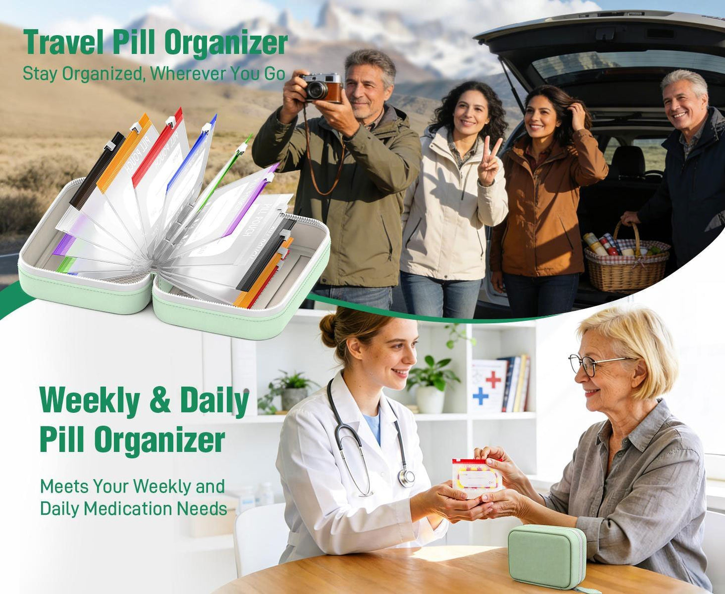 Pill Organizer with 14 Compartments and Zipper