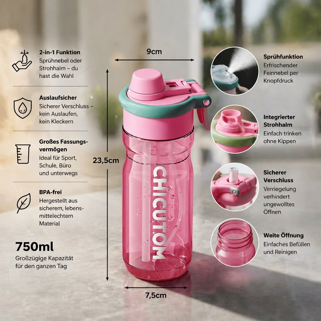 Sports Water Bottle with Spray Function & Straw