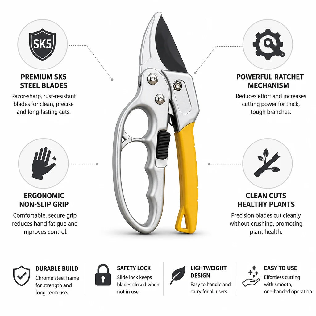 SK5 Steel Ratchet Garden Shears (Ergonomic Non-Slip Handle)