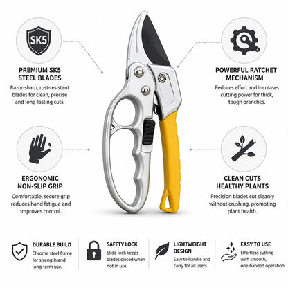 SK5 Steel Ratchet Garden Shears (Ergonomic Non-Slip Handle)