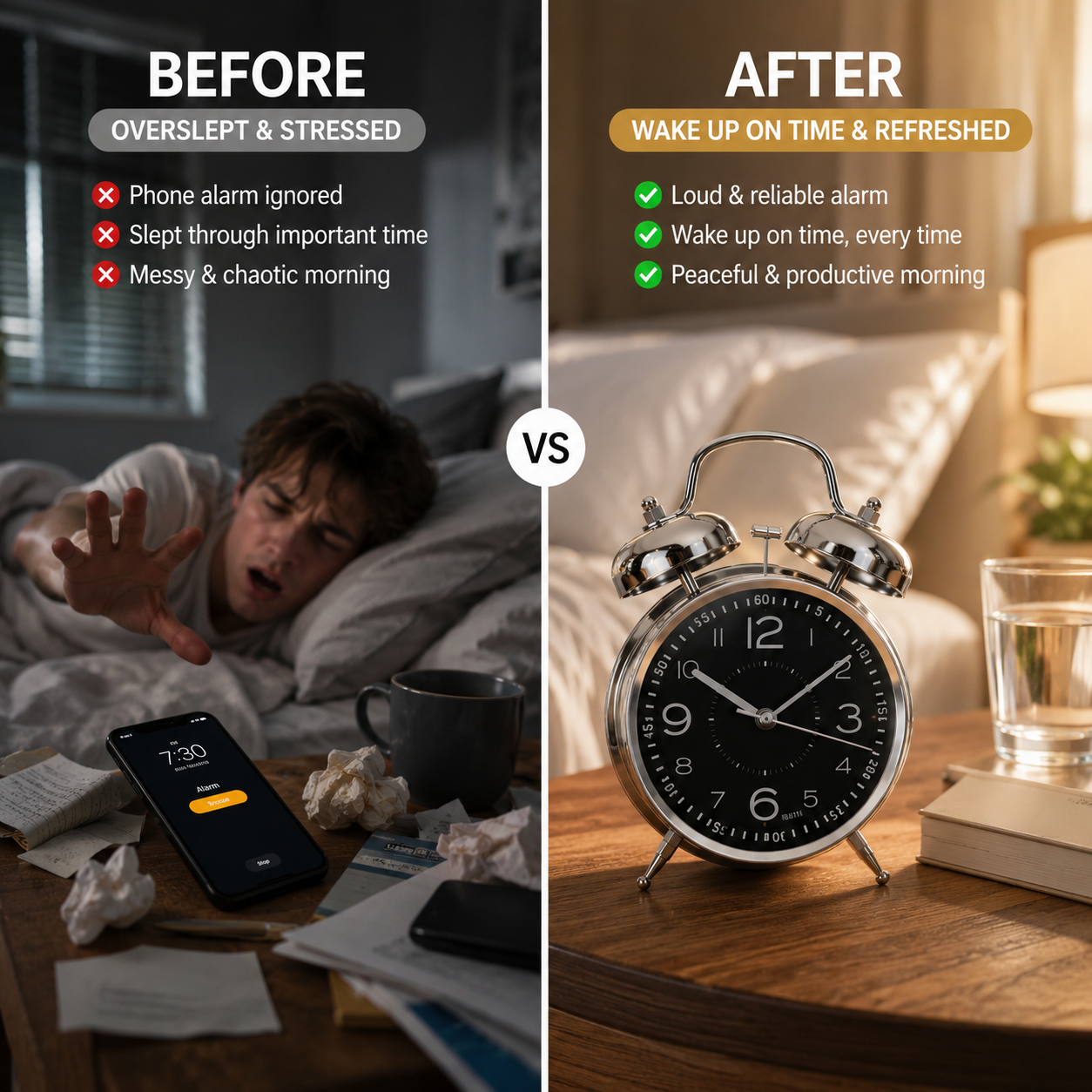 Retro Alarm Clock with Double Bell Silver Chrome
