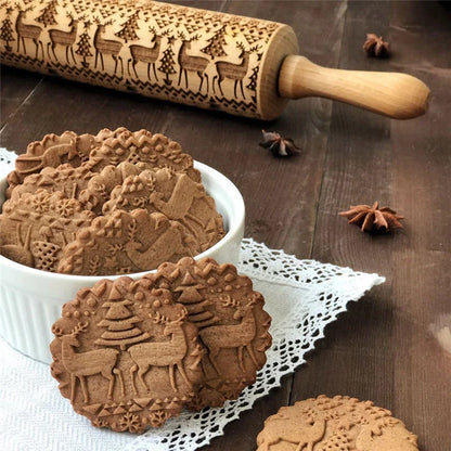 Pattern Rolling Pin with Christmas Cookie Cutters