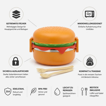 Microwave-safe stacked hamburger lunchbox (with cutlery)