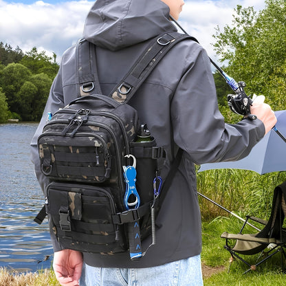 Angel backpack with rod holder & transparent compartments