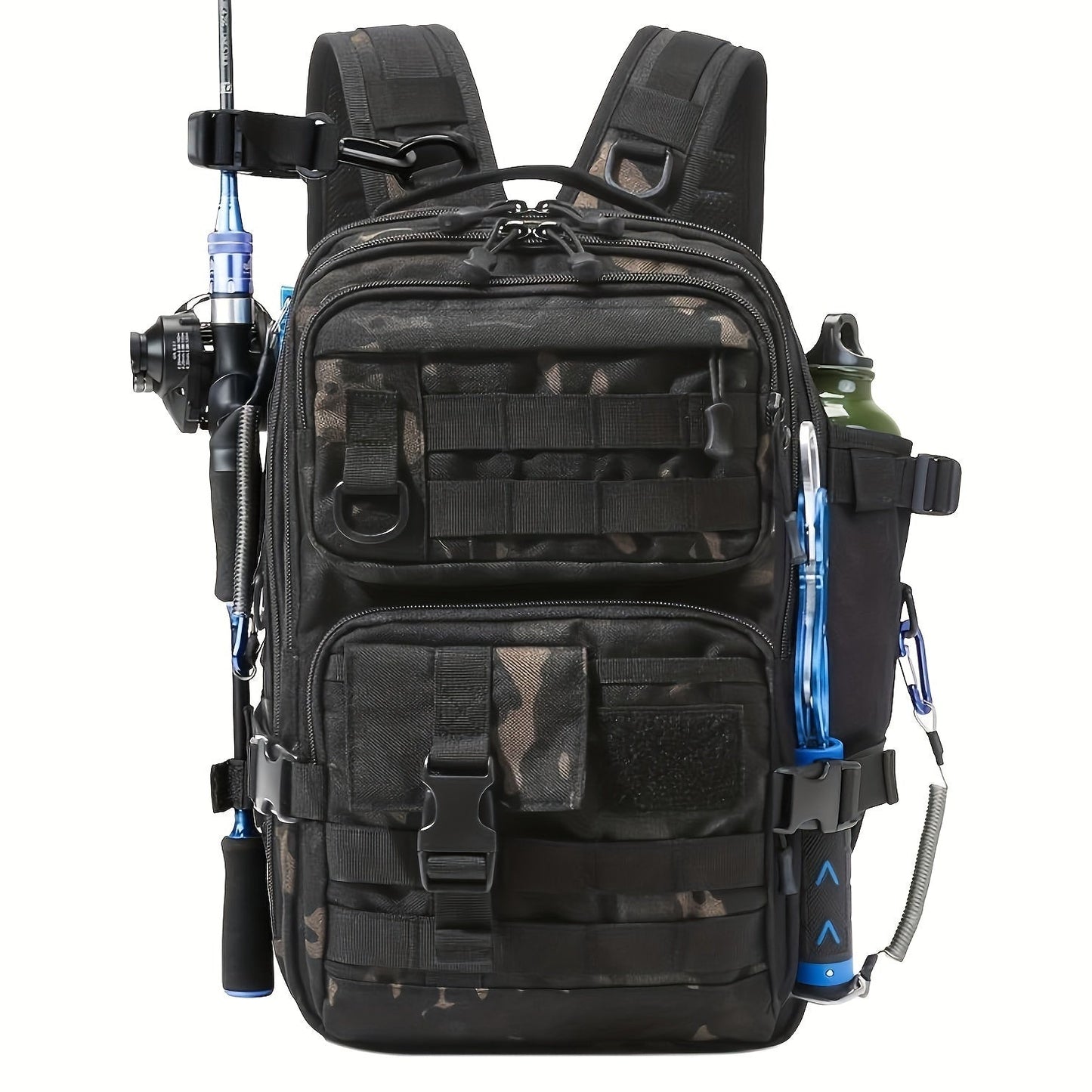 Angel backpack with rod holder & transparent compartments