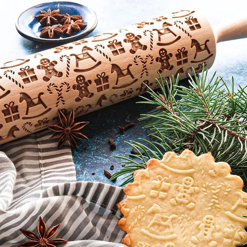Pattern Rolling Pin with Christmas Cookie Cutters