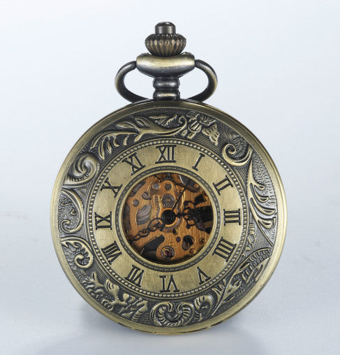 Mechanical Pocket Watch with Floral Engraving Design