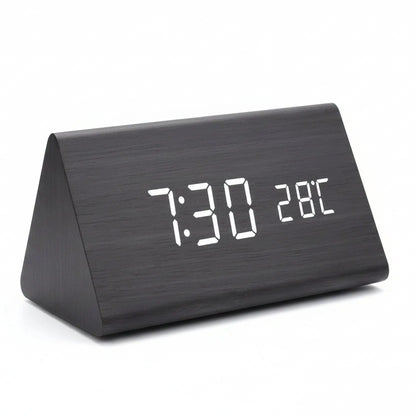 LED Alarm Clock Wood Look with 3 Alarms & Temperature