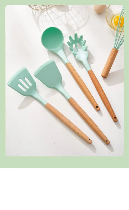 12-Piece Silicone Cooking Utensil Set with Wooden Handles