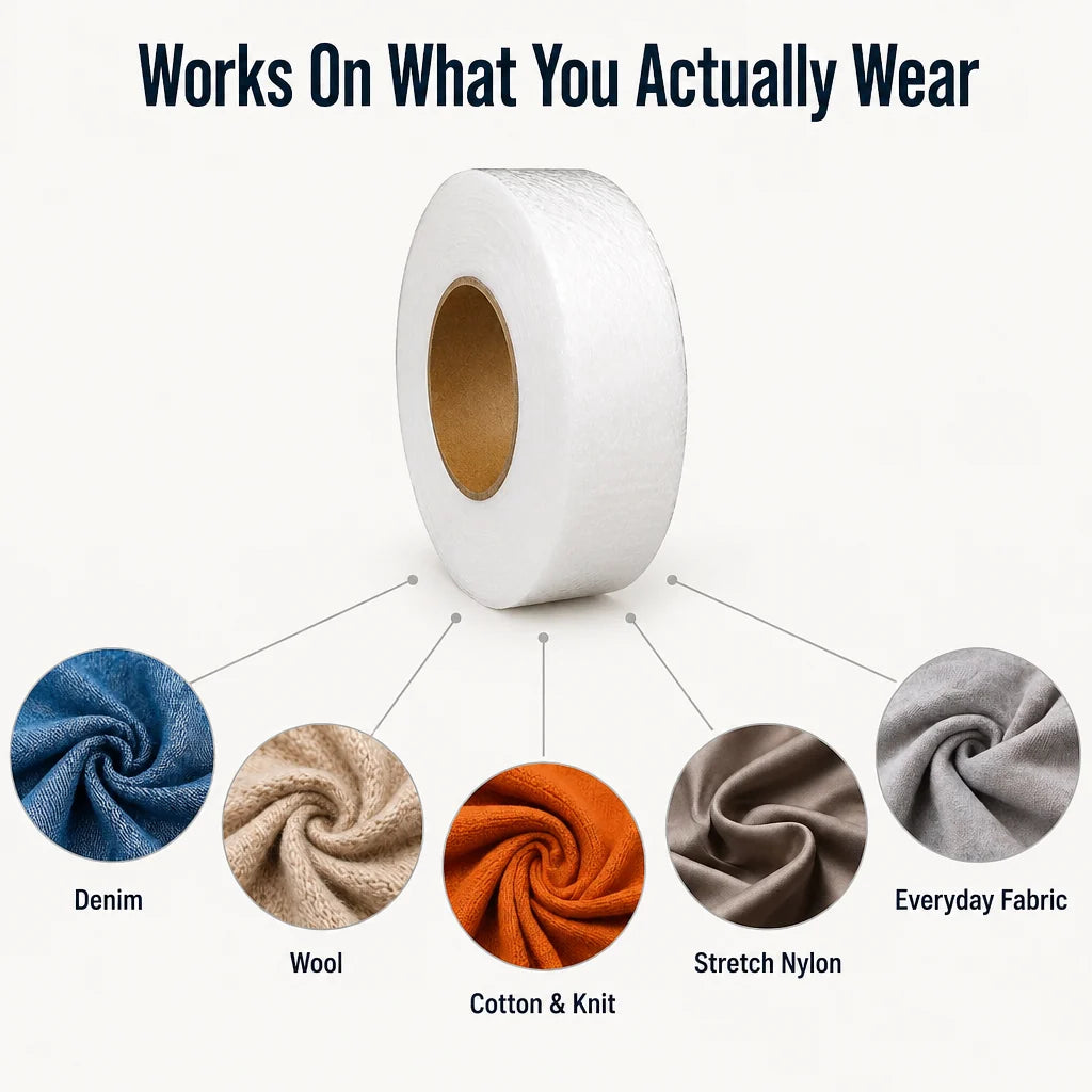 Iron-on adhesive tape – repair tears & hems in 10 seconds