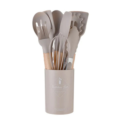 12-Piece Silicone Cooking Utensil Set with Wooden Handles