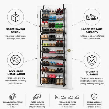 Space-saving, tool-free metal shoe rack for hanging over the door