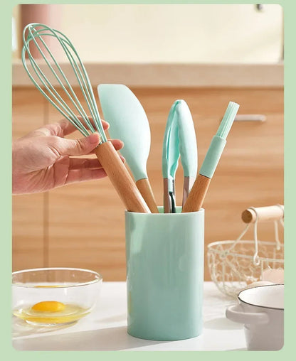 12-Piece Silicone Cooking Utensil Set with Wooden Handles