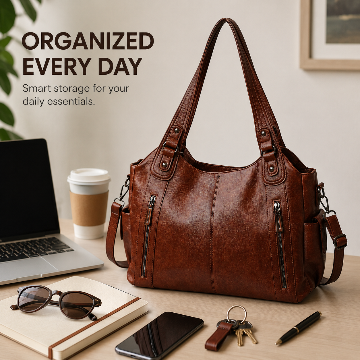 Faux Leather Tote Bag with Retro Design