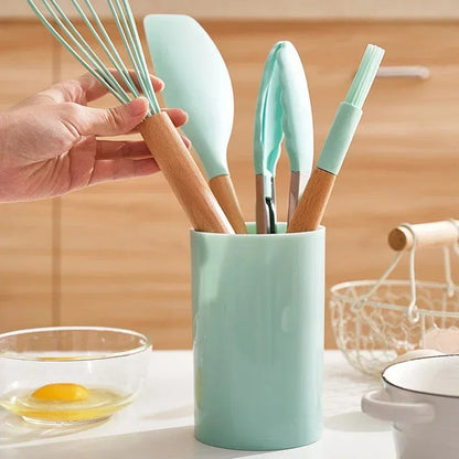 12-Piece Silicone Cooking Utensil Set with Wooden Handles