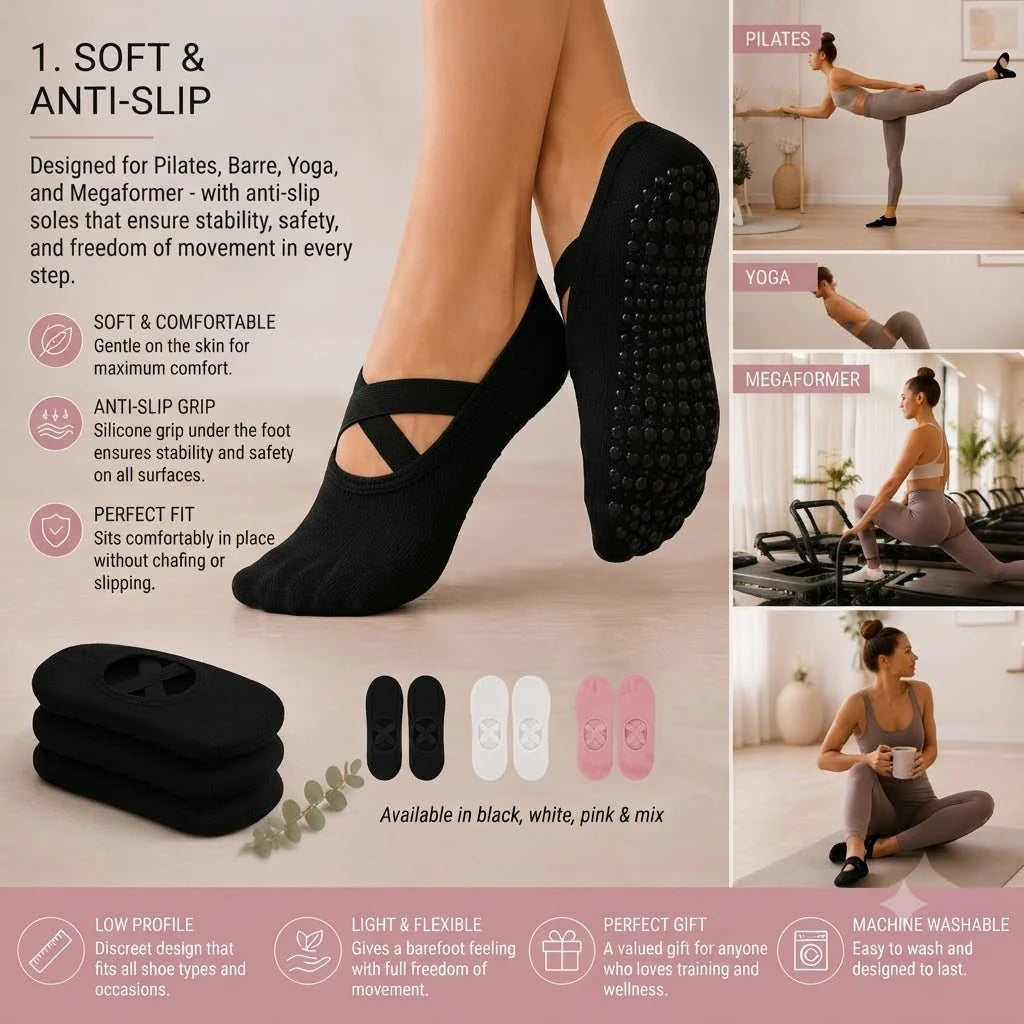 Pilates Socks with Non-Slip Grips – Set of 3