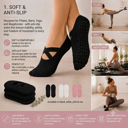 Pilates Socks with Non-Slip Grips – Set of 3
