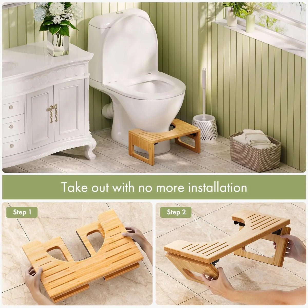 Foldable Bamboo Toilet Stool with Non-Slip Surface