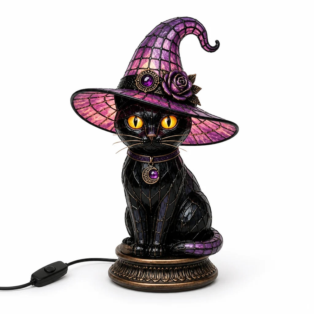 Table lamp with stained glass effect, gothic witch cat