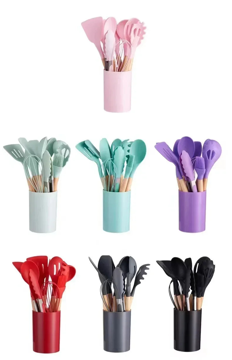 12-Piece Silicone Cooking Utensil Set with Wooden Handles