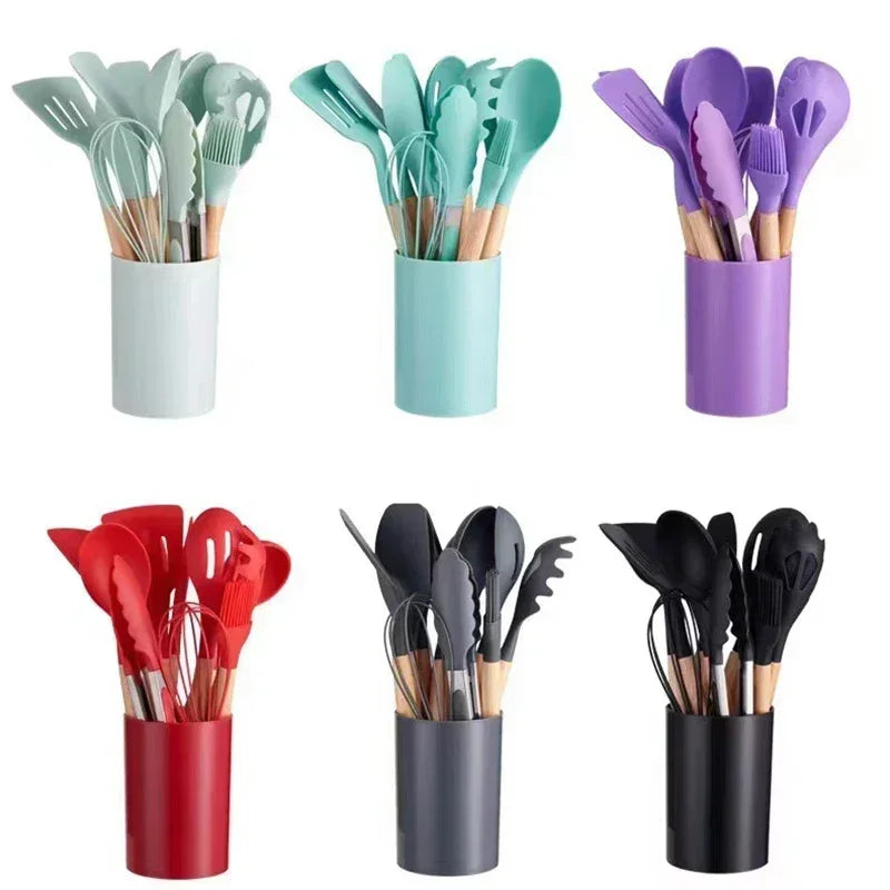 12-Piece Silicone Cooking Utensil Set with Wooden Handles