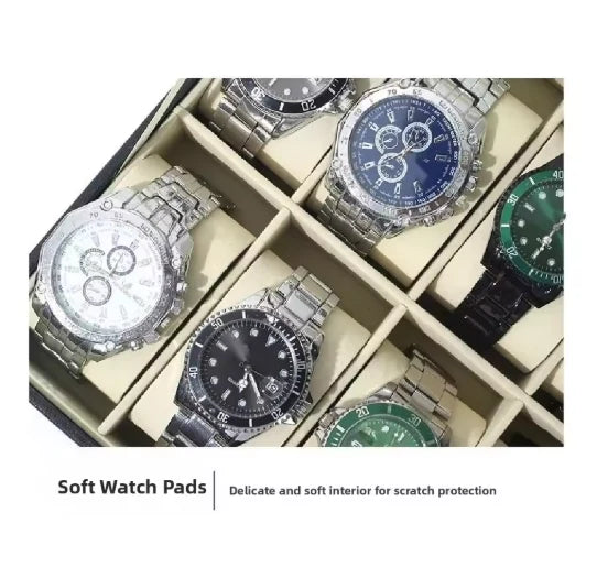 Watch Box 12 Compartments with Glass Lid – Black