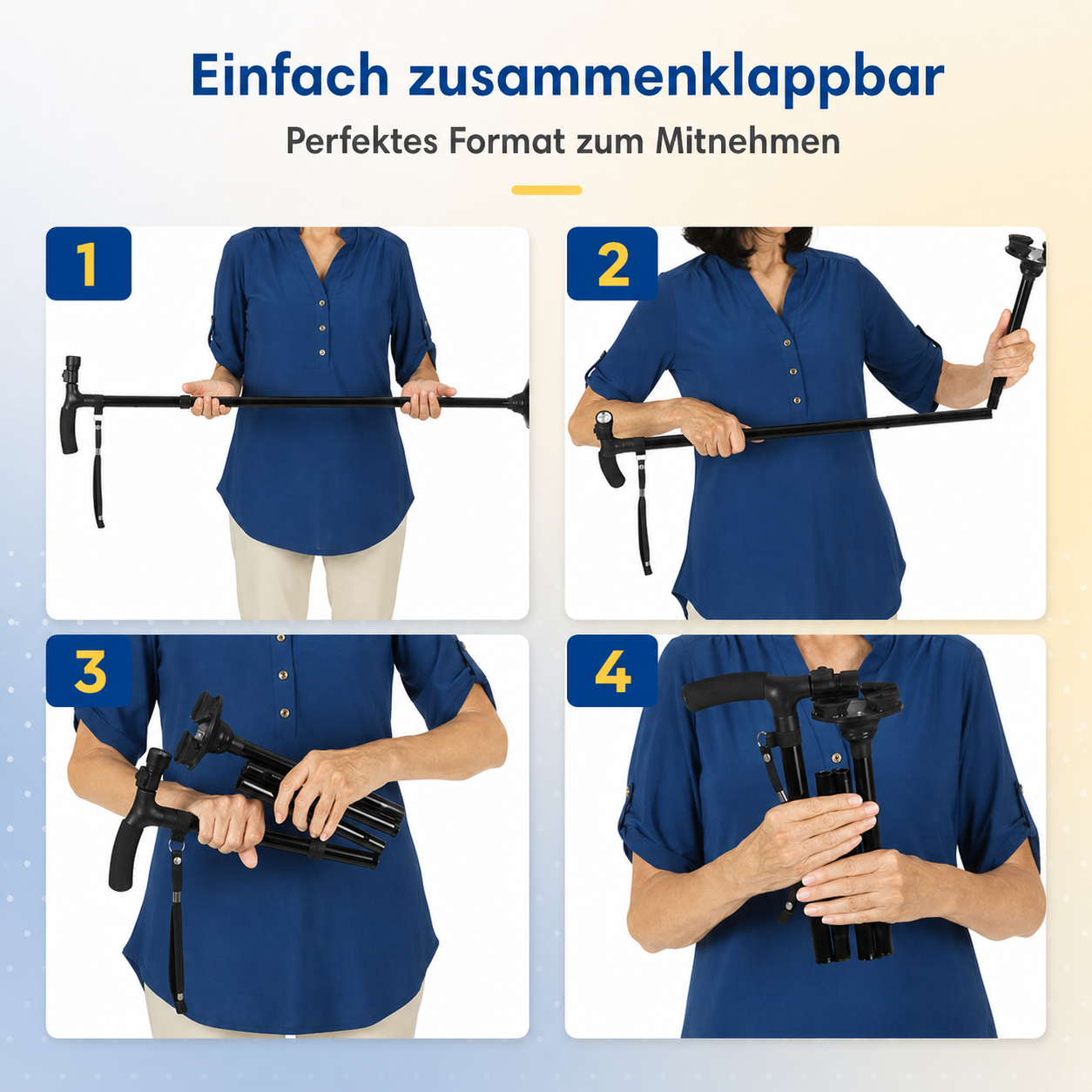 Height-Adjustable Walking Stick with 4-Point Base