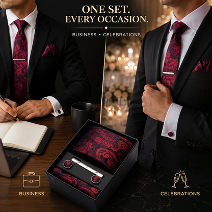 Men's Paisley Tie Set with Pocket Square & Cufflinks