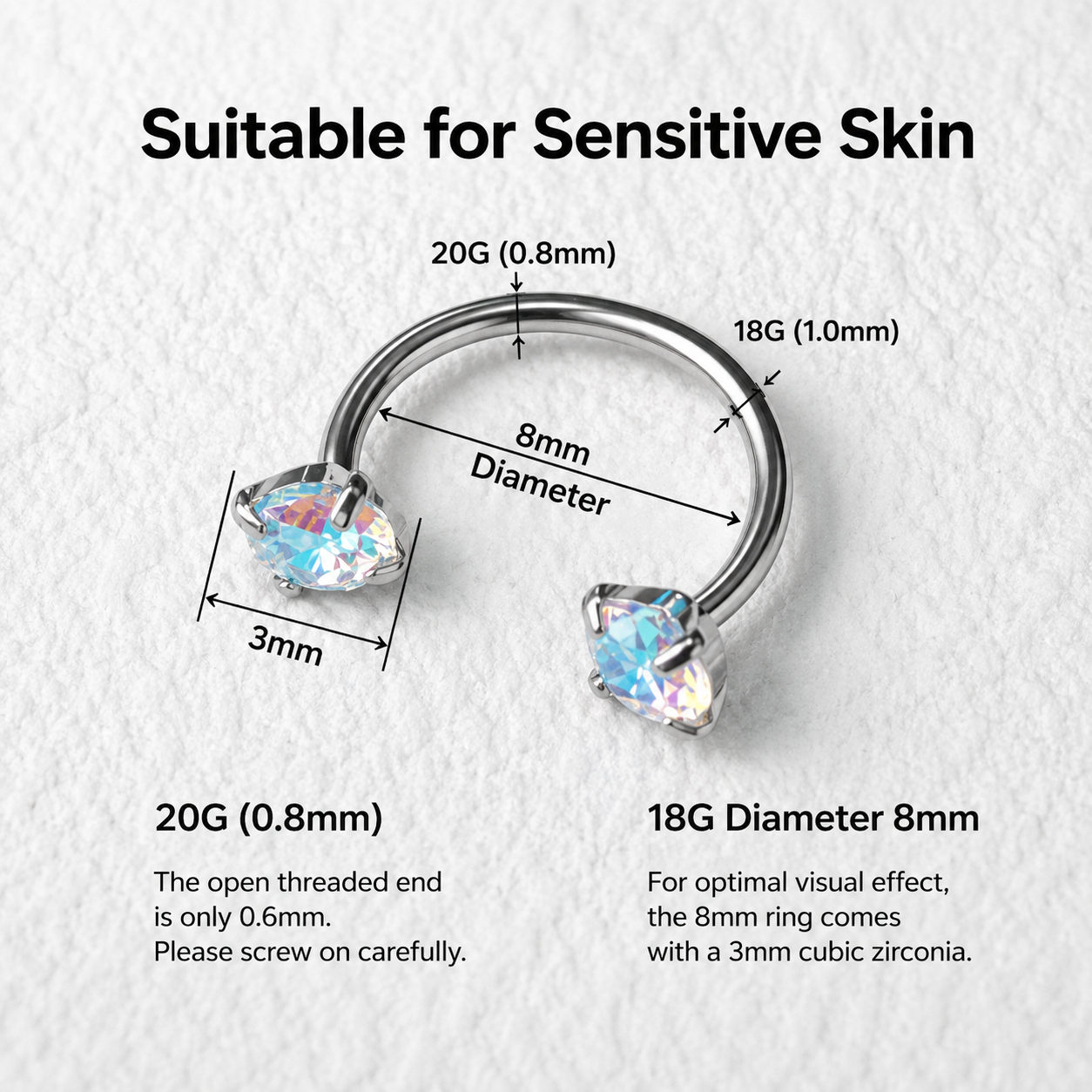 SilkCurve Titanium Horseshoe Nose Ring with Zirconia