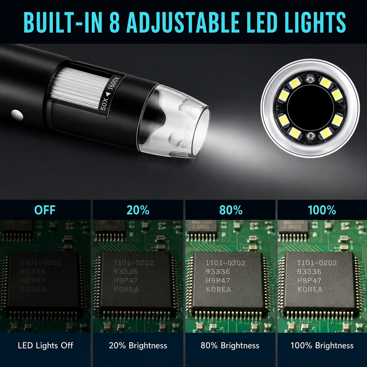 USB Digital Microscope 50-1600x with 8 LED Lights