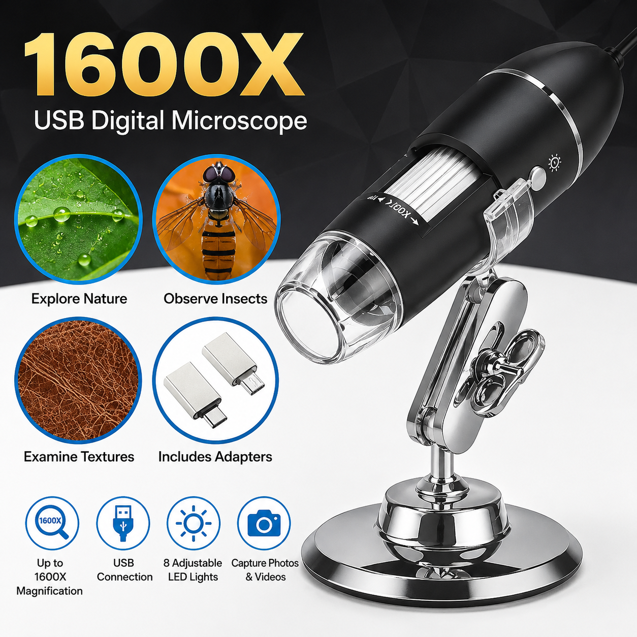 USB Digital Microscope 50-1600x with 8 LED Lights