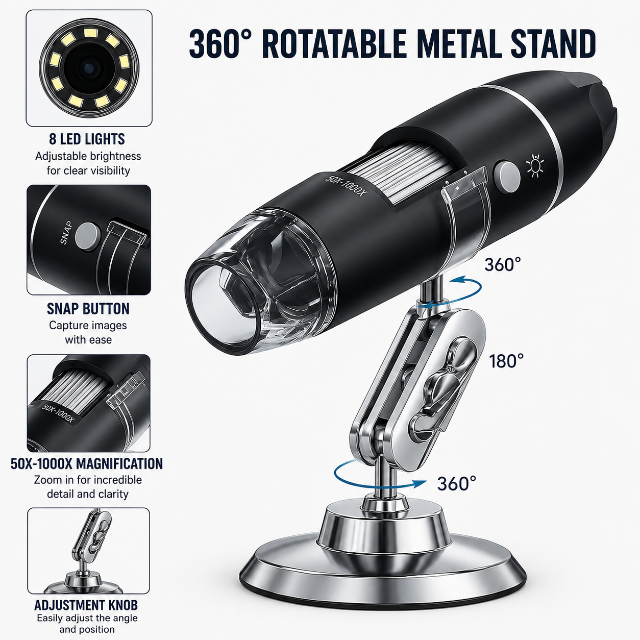 USB Digital Microscope 50-1600x with 8 LED Lights