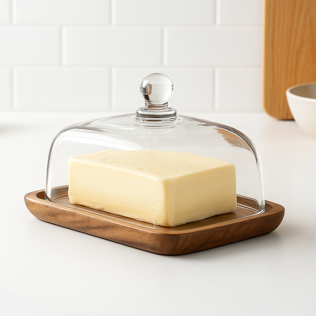 ButterVault Butter Dish with Glass Lid and Wooden Base