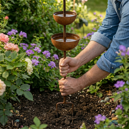 Bird Bath Garden Stake Copper Look 3 Bowls