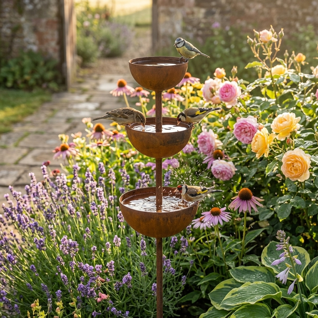 Bird Bath Garden Stake Copper Look 3 Bowls