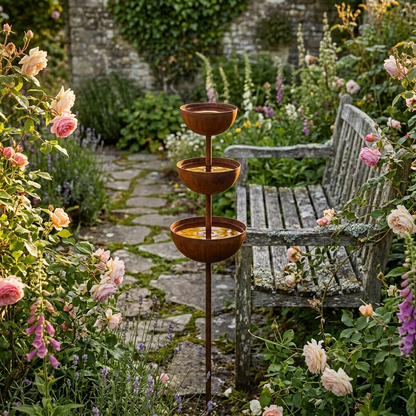 Bird Bath Garden Stake Copper Look 3 Bowls