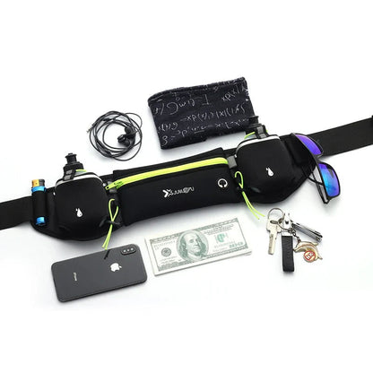 Running belt with water bottles for hands-free hydration