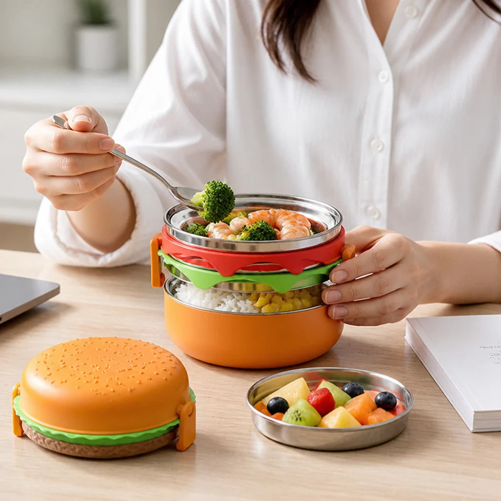 Microwave-safe stacked hamburger lunchbox (with cutlery)