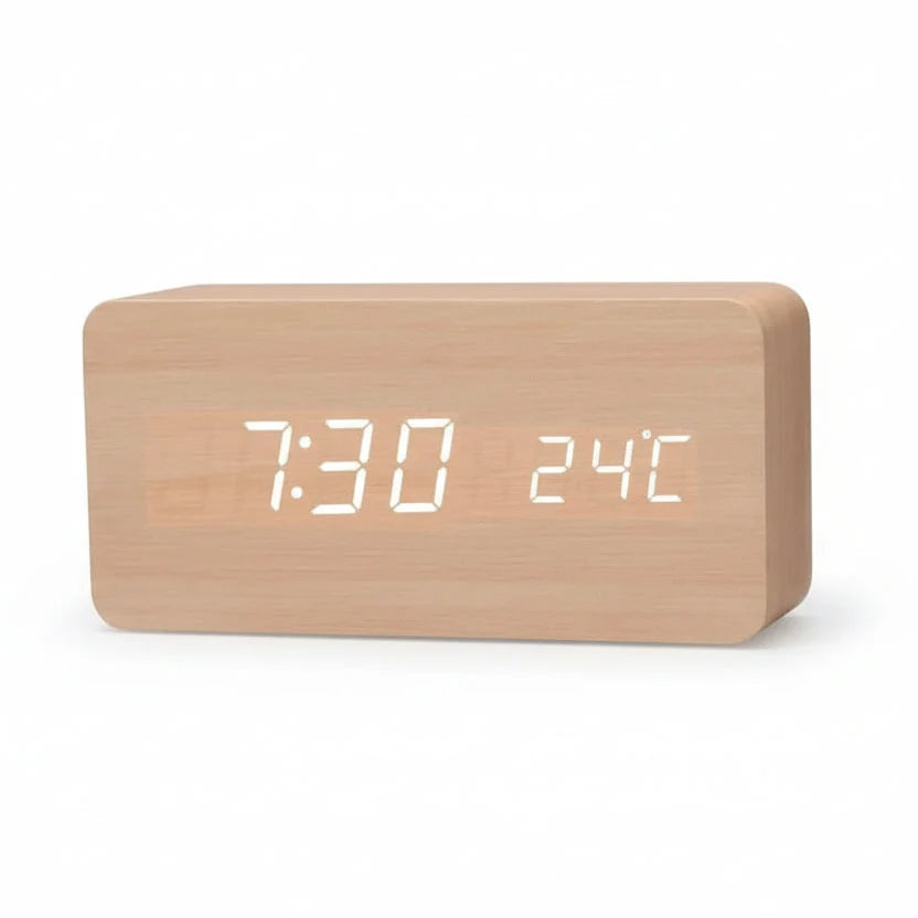 LED Alarm Clock Wood Look with 3 Alarms & Temperature