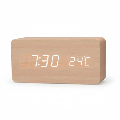 LED Alarm Clock Wood Look with 3 Alarms & Temperature