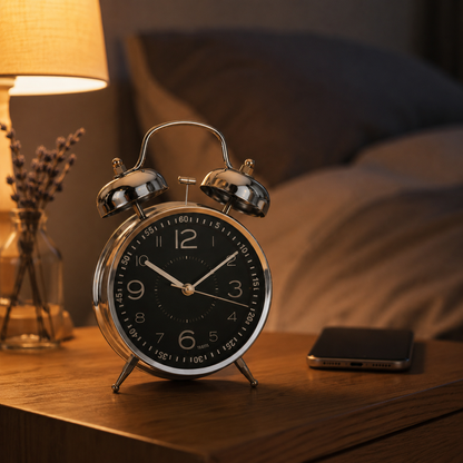 Retro Alarm Clock with Double Bell Silver Chrome