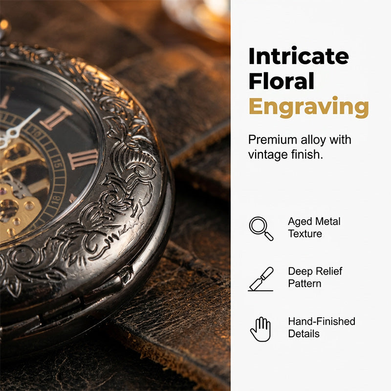 Mechanical Pocket Watch with Floral Engraving Design