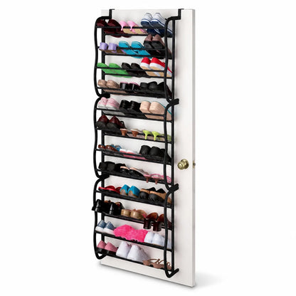 Space-saving, tool-free metal shoe rack for hanging over the door