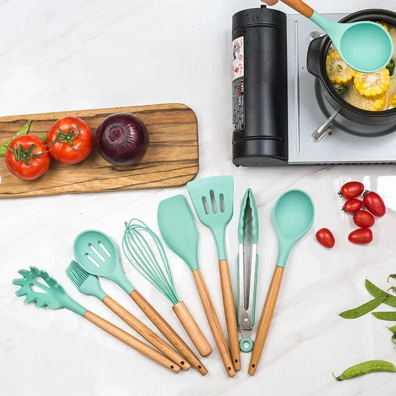 12-Piece Silicone Cooking Utensil Set with Wooden Handles