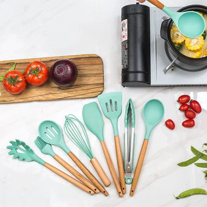 12-Piece Silicone Cooking Utensil Set with Wooden Handles