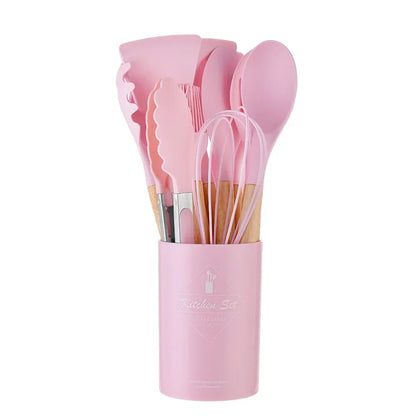 12-Piece Silicone Cooking Utensil Set with Wooden Handles