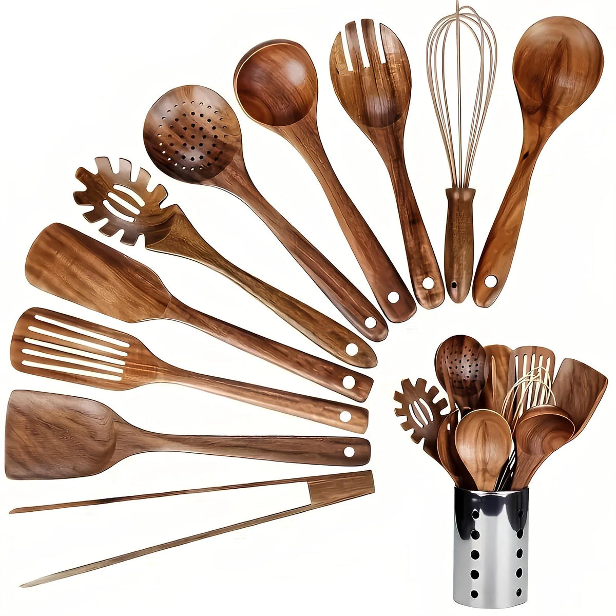 Teak Kitchen Utensils Set 11-Piece with Holder