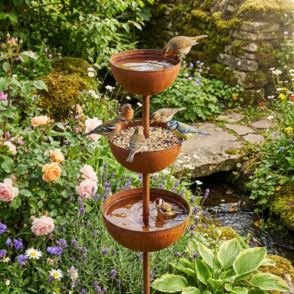 Bird Bath Garden Stake Copper Look 3 Bowls